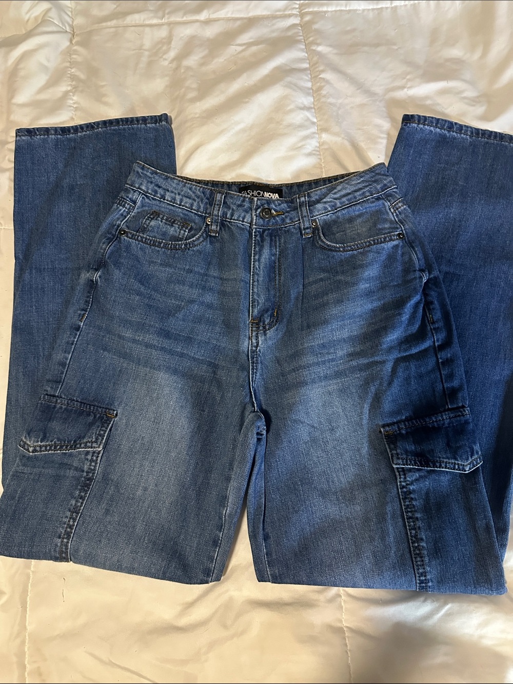 Fashion Nova Men's Dark Blue Relaxed Cargo Jeans